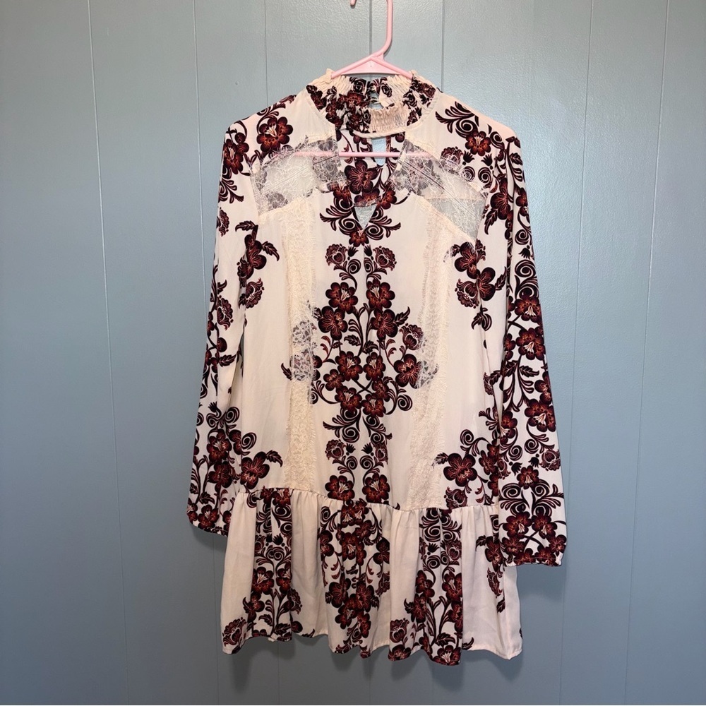 Altar’d State Cream Maroon Floral Lace Long Sleeve Tunic Dress Small
